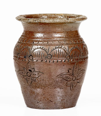 Very Rare Miniature Chester Webster, Randolph County, NC Stoneware Jar w/ Elaborate Incised Decoration