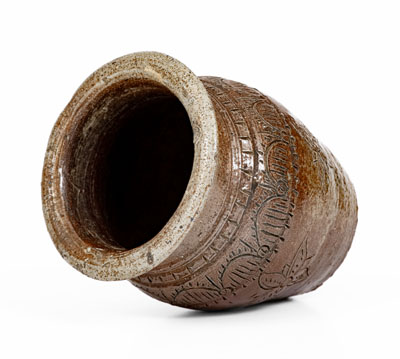 Very Rare Miniature Chester Webster, Randolph County, NC Stoneware Jar w/ Elaborate Incised Decoration