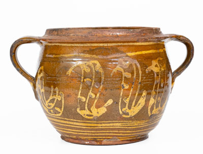 Very Rare American Redware Jar w/ Elaborate Slip Decoration, 18th century