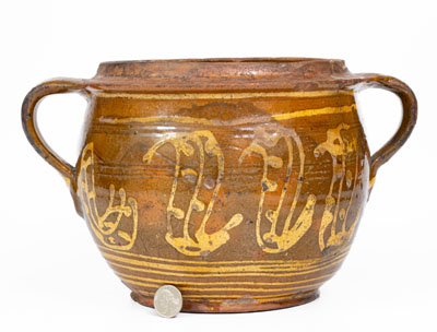 Very Rare American Redware Jar w/ Elaborate Slip Decoration, 18th century