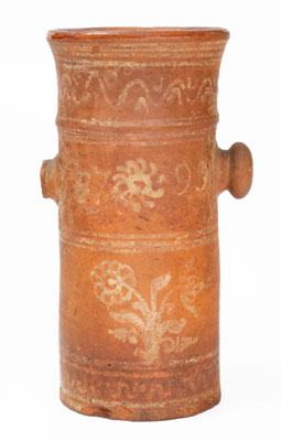 Highly Unusual Redware Churn w/ Elaborate Slip Decoration, 1799 Date