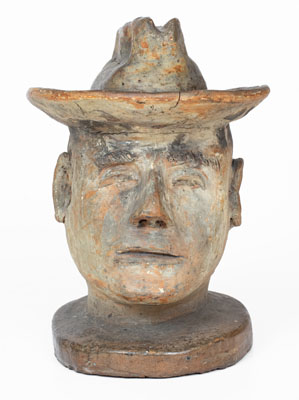 Large-Sized Midwestern Stoneware Bust of a Hatted Man, late 19th century