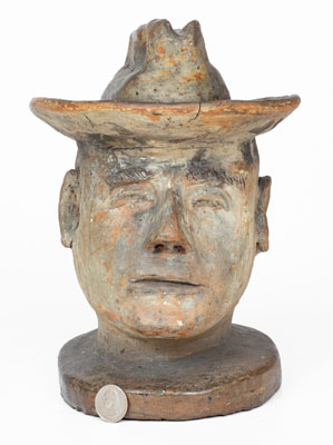 Large-Sized Midwestern Stoneware Bust of a Hatted Man, late 19th century