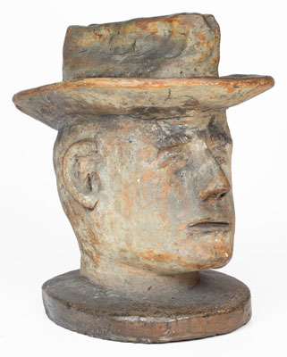 Large-Sized Midwestern Stoneware Bust of a Hatted Man, late 19th century