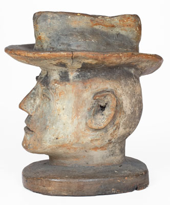 Large-Sized Midwestern Stoneware Bust of a Hatted Man, late 19th century