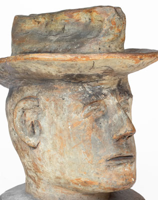 Large-Sized Midwestern Stoneware Bust of a Hatted Man, late 19th century