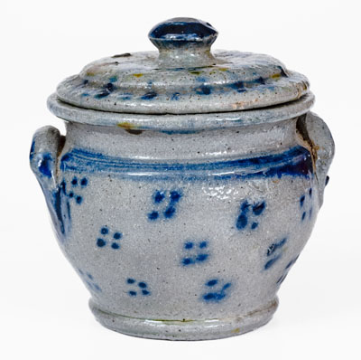 Extremely Fine Small-Sized Stoneware Sugar Bowl w/ Spotted Decoration, PA or Southern U.S.