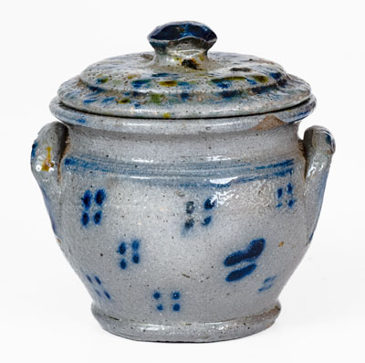 Extremely Fine Small-Sized Stoneware Sugar Bowl w/ Spotted Decoration, PA or Southern U.S.