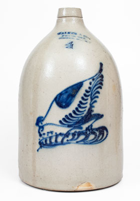 4 Gal. BOSTON Advertising Stoneware Jug w/ Elaborate Pecking Chicken Decoration