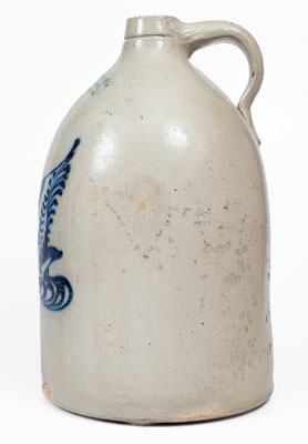 4 Gal. BOSTON Advertising Stoneware Jug w/ Elaborate Pecking Chicken Decoration