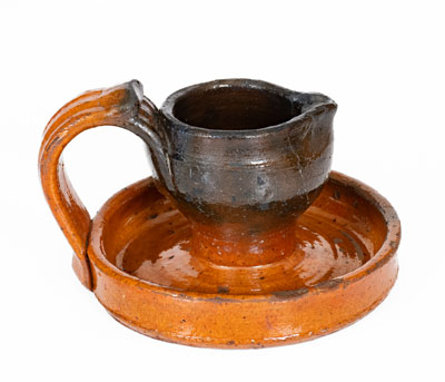 Rare Copper-Decorated Southern Redware Grease Lamp, NC or Eastern Tennessee