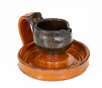 Rare Copper-Decorated Southern Redware Grease Lamp, NC or Eastern Tennessee