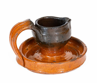 Rare Copper-Decorated Southern Redware Grease Lamp, NC or Eastern Tennessee