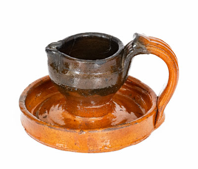 Rare Copper-Decorated Southern Redware Grease Lamp, NC or Eastern Tennessee