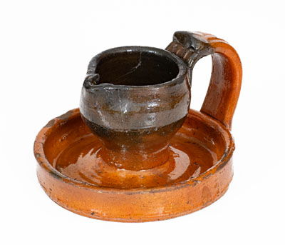 Rare Copper-Decorated Southern Redware Grease Lamp, NC or Eastern Tennessee