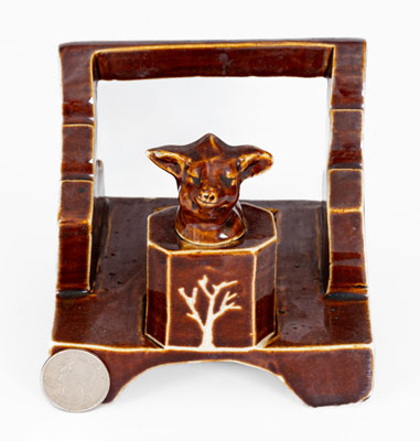 Extremely Rare Akron, Ohio Stoneware Inkstand w/ Pig Stopper Inscribed 