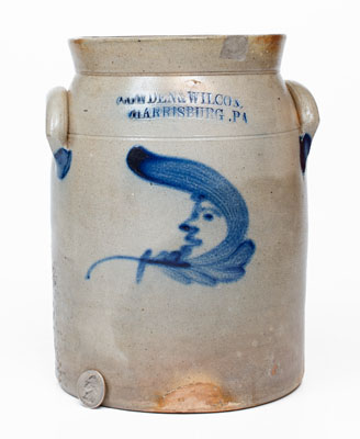 COWDEN & WILCOX / HARRISBURG, PA Stoneware Jar w/ Man-in-the-Moon Decoration