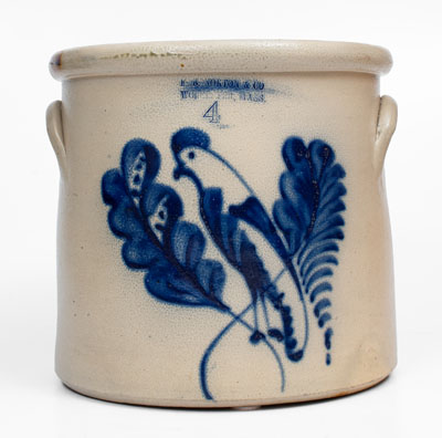 4 Gal. F. B. NORTON & CO. / WORCESTER, MASS. Stoneware Crock w/ Parrot Decoration