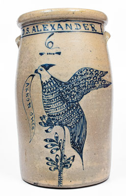 Exceptional 6 Gal. AKRON OHIO Stoneware Presentation Churn w/ Elaborate Game Bird Decoration