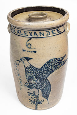 Exceptional 6 Gal. AKRON OHIO Stoneware Presentation Churn w/ Elaborate Game Bird Decoration