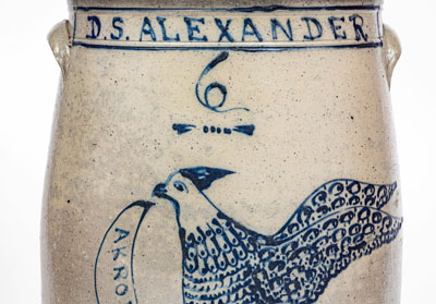 Exceptional 6 Gal. AKRON OHIO Stoneware Presentation Churn w/ Elaborate Game Bird Decoration