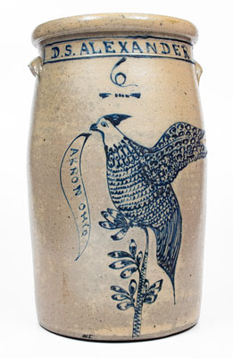 Exceptional 6 Gal. AKRON OHIO Stoneware Presentation Churn w/ Elaborate Game Bird Decoration