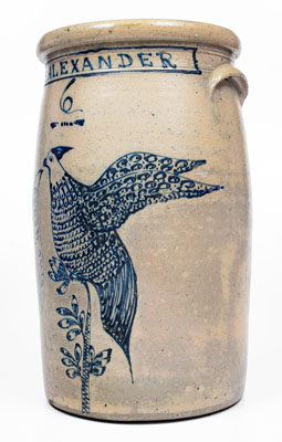 Exceptional 6 Gal. AKRON OHIO Stoneware Presentation Churn w/ Elaborate Game Bird Decoration