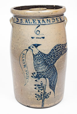 Exceptional 6 Gal. AKRON OHIO Stoneware Presentation Churn w/ Elaborate Game Bird Decoration