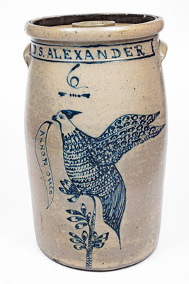 Exceptional 6 Gal. AKRON OHIO Stoneware Presentation Churn w/ Elaborate Game Bird Decoration