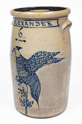 Exceptional 6 Gal. AKRON OHIO Stoneware Presentation Churn w/ Elaborate Game Bird Decoration