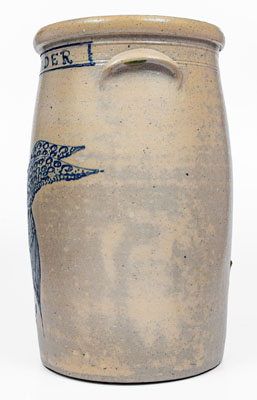 Exceptional 6 Gal. AKRON OHIO Stoneware Presentation Churn w/ Elaborate Game Bird Decoration