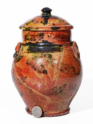 Exceptional New York State Redware Jar w/ Copper Decoration and Domed Lid