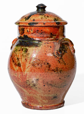 Exceptional New York State Redware Jar w/ Copper Decoration and Domed Lid