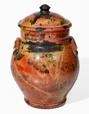 Exceptional New York State Redware Jar w/ Copper Decoration and Domed Lid