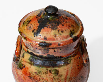Exceptional New York State Redware Jar w/ Copper Decoration and Domed Lid