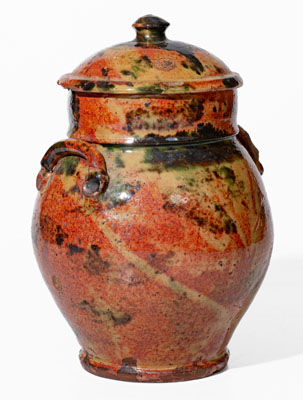 Exceptional New York State Redware Jar w/ Copper Decoration and Domed Lid