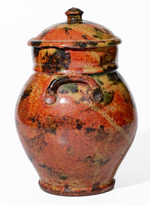 Exceptional New York State Redware Jar w/ Copper Decoration and Domed Lid