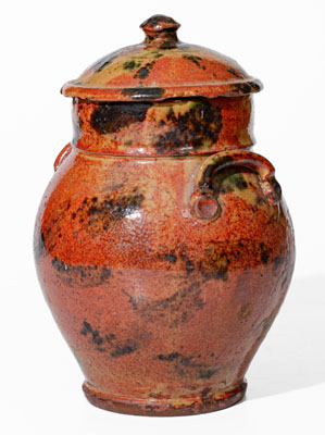 Exceptional New York State Redware Jar w/ Copper Decoration and Domed Lid