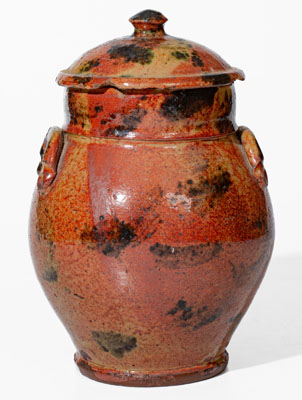 Exceptional New York State Redware Jar w/ Copper Decoration and Domed Lid
