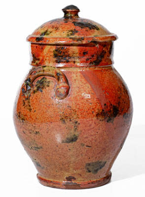 Exceptional New York State Redware Jar w/ Copper Decoration and Domed Lid