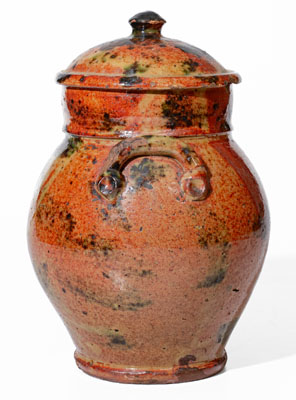 Exceptional New York State Redware Jar w/ Copper Decoration and Domed Lid