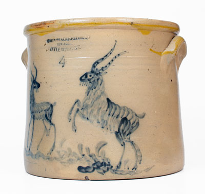 Exceptional 4 Gal. W. A. MACQUOID (New York City) Stoneware Crock w/ Elaborate Goats Decoration