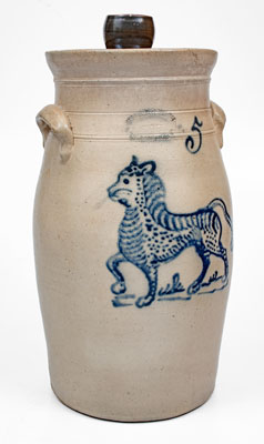 Outstanding J. BURGER JR. / ROCHESTER Stoneware Churn w/ Elaborate Cat Decoration