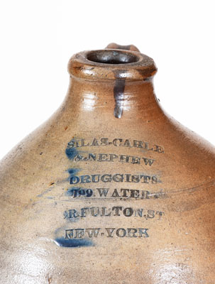 Rare SILAS CARLE & NEPHEW New York Stoneware Druggists Jug attrib. Crolius
