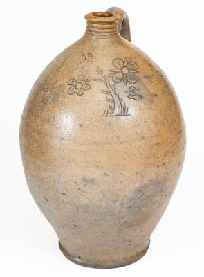 Very Rare Stoneware Jug w/ Incised Bird-and-Floral Decoration, Branch Green, Philadelphia