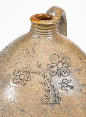 Very Rare Stoneware Jug w/ Incised Bird-and-Floral Decoration, Branch Green, Philadelphia