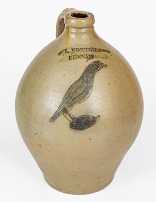 Rare L. NORTON & Co / BENNINGTON, Vermont Stoneware Jug w/ Incised Bird
