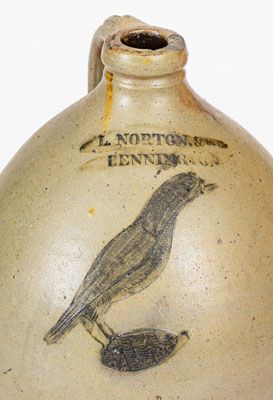 Rare L. NORTON & Co / BENNINGTON, Vermont Stoneware Jug w/ Incised Bird
