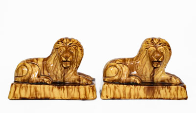 Pair of Yellowware Lion Figures, probably English, 19th century