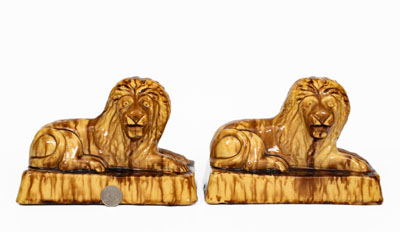Pair of Yellowware Lion Figures, probably English, 19th century